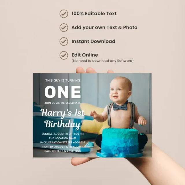 FREE Custom Photo 1st Birthday Invitation Templates Boy First Birthday Invites