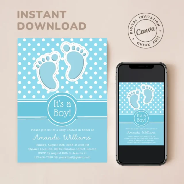 Boy Baby Shower Invitation Templates Blue Baby Footprints Invites