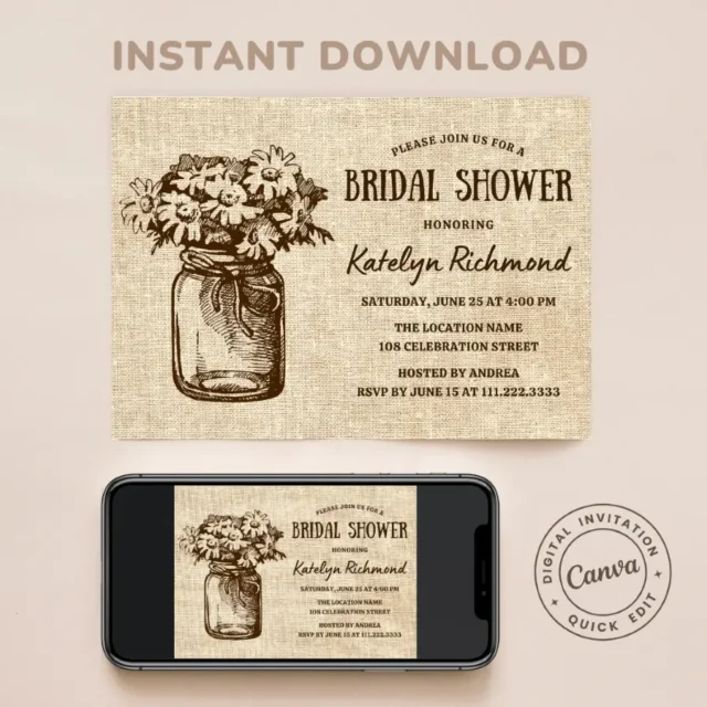 FREE Country Mason Jar Rustic Bridal Shower Invitation Templates